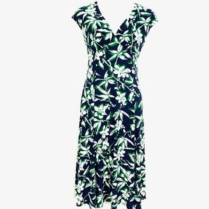 CHAPS Navy Green Stretch Knit Floral Dress sz S